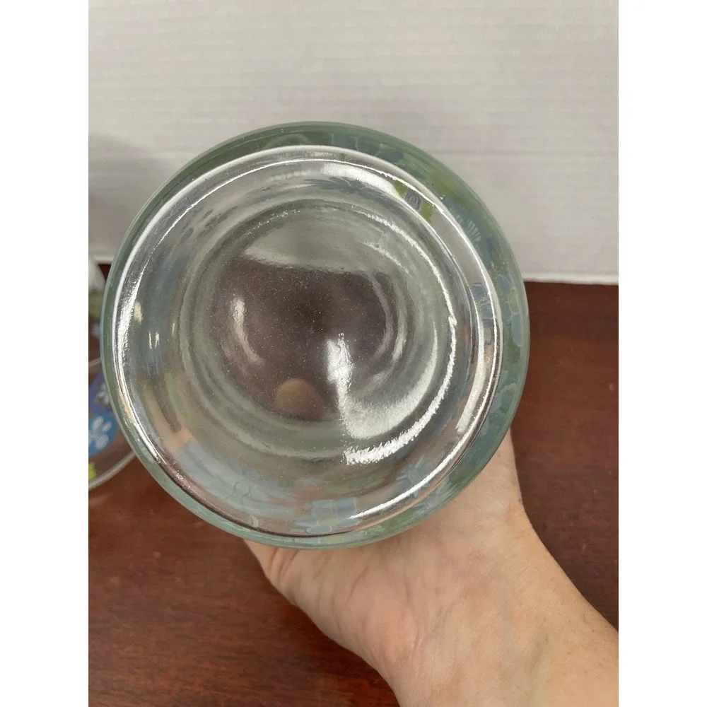 Vintage Glass Canister Jar Blue Lid Blue And Green Floral Retro Decor Set Of 2
